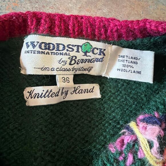 Vintage Woodstock International Forest Green Handknit Wool Floral Cardigan Sweat - Picture 4 of 8
